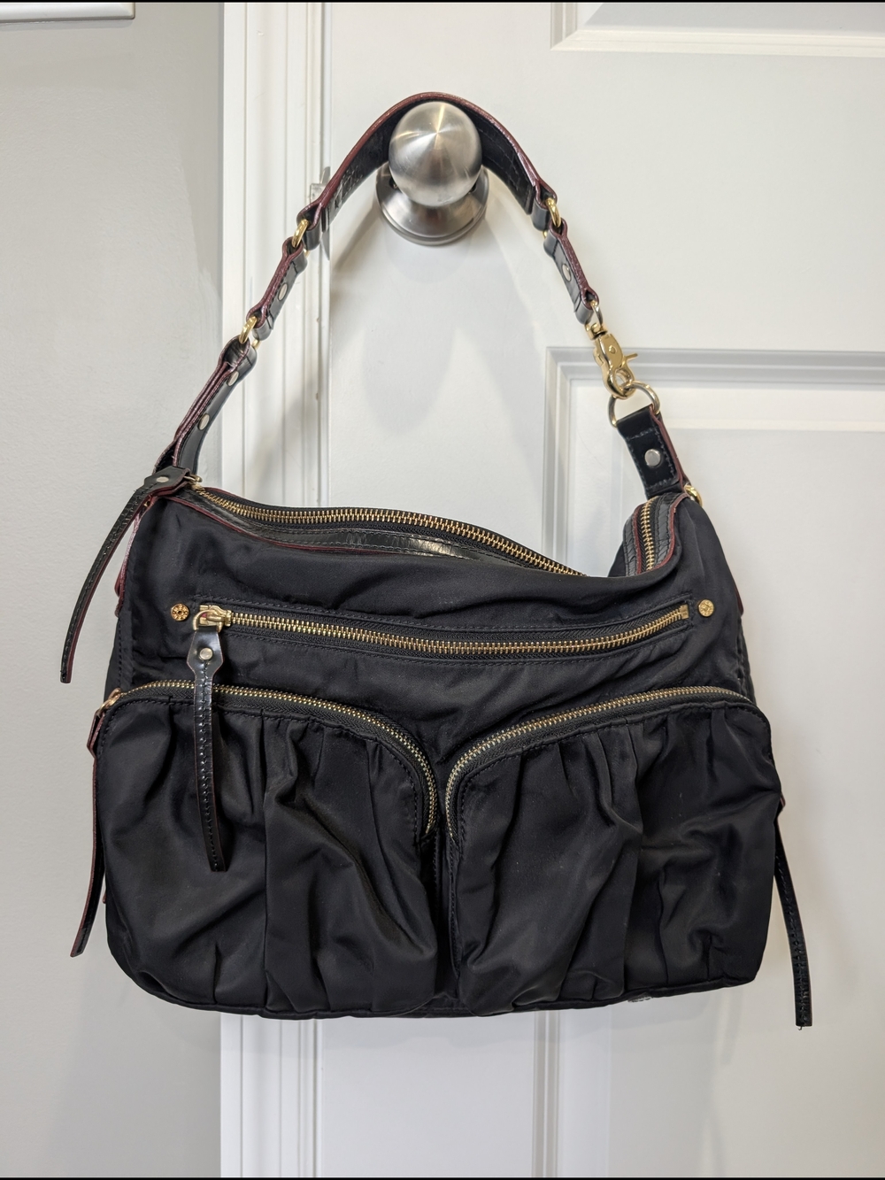 MZ Wallace Clara Bedford Black Nylon Hobo Bag Ruched Gold Hardware Leather
